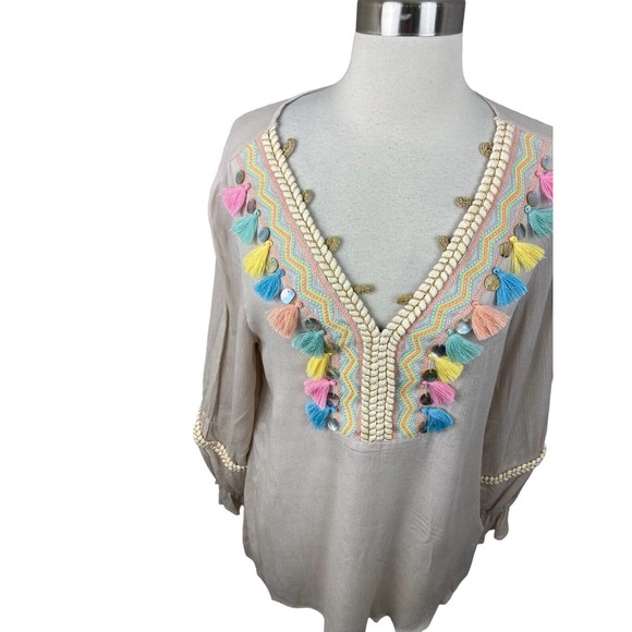 Soft Surroundings Blush Gauze V Neck Tassel Tunic Blouse Embroidered M - Picture 2 of 5